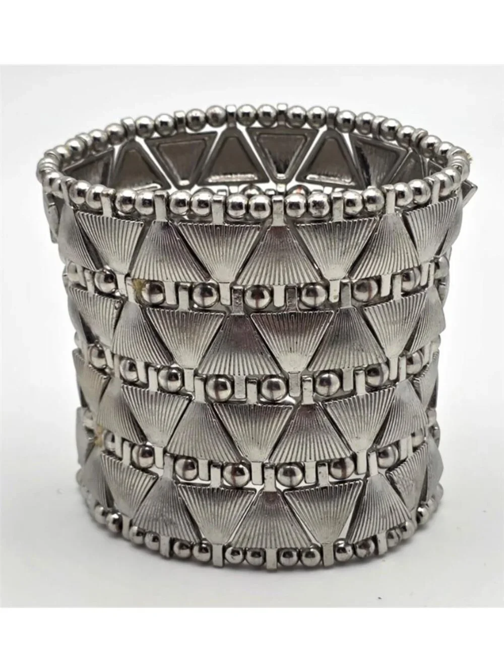 Silver Tone Geometric Fan Wide Stretch Cuff Statement Bracelet 6.5